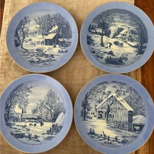 Currier And Ives The Old Homestead In Winter Plates 8.5” Blue & White Set Of 4